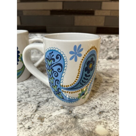 Royal Norfolk Set of 2 Paisley Coffee Mugs Cups Stoneware Blue Green White 12oz - Picture 2 of 4